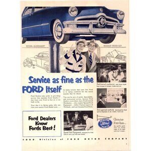 1950 Ford Auto Parts Vintage Print Ad Mechanic Car Lift Man Cave Wall Art 50s